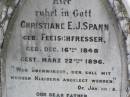 
Christiane E.J. SPANN,
nee FLEISCHFRESSER,
born 16 Dec 1848,
died 22 March 1896;
Hermann C.C. SPANN, father,
died 6 May 1968 aged 85 years;
Rosevale St Pauls Lutheran cemetery, Boonah Shire
