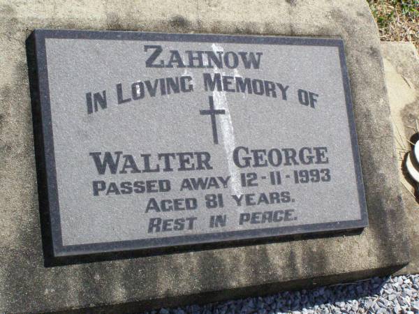 Walter George ZAHNOW,  | died 12-11-1993 aged 81 years;  | Rosevale St Paul's Lutheran cemetery, Boonah Shire  | 