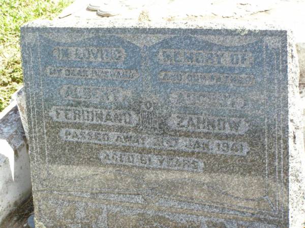 Albert August Ferdinand ZAHNOW, husband father,  | died 21 Jan 1941 aged 61 years;  | Rosevale St Paul's Lutheran cemetery, Boonah Shire  | 