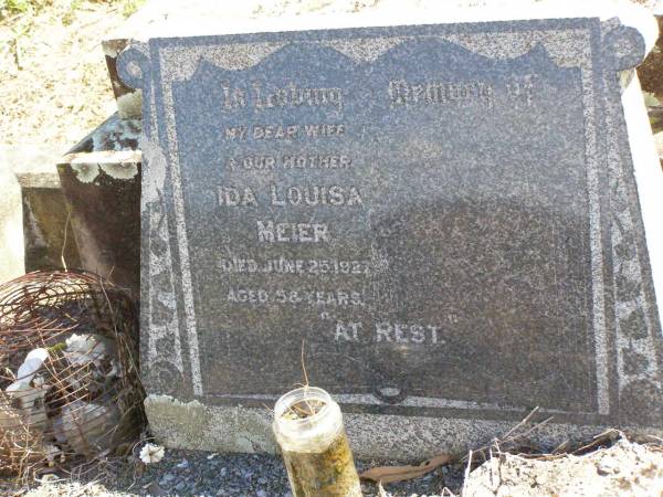 Ida Louisa MEIER, wife mother,  | died 25 June 1927 aged 58 years;  | Rosevale St Paul's Lutheran cemetery, Boonah Shire  | 