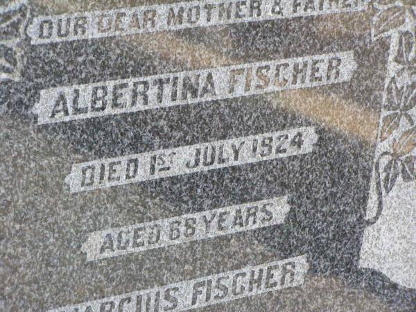 Albertina FISCHER, mother,  | died 1 July 1924 aged 68 years;  | Marcuis FISCHER, father,  | died 2 Nov 1944 aged 88 years 9 months;  | Rosevale St Paul's Lutheran cemetery, Boonah Shire  | 