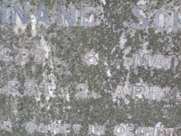 Ferdinand SCHOENFISCH,  | born 6 May 1836,  | died 2 April 1895;  | Rosevale St Paul's Lutheran cemetery, Boonah Shire  | 