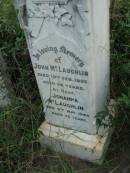 
John MCLAUGHLIN,
died 10 Feb 1907 aged 48 years;
Johanna MCLAUGHLIN,
died 5 May 1940 aged 75 years;

Rosevale Methodist, C. Zahnow Road memorials, Boonah Shire

