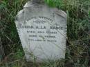 
Louisa A. LAWRANCE,
died 11 Dec 1901 aged 10 years;

Rosevale Methodist, C. Zahnow Road memorials, Boonah Shire

