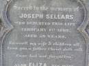 
Joseph SELLARS,
died 1 Feb 1892 aged 59 years;
Eliza, wife,
died 2 March 1926 aged 80 years;
Sellars private burial ground, Rosevale, Boonah Shire
