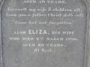 
Joseph SELLARS,
died 1 Feb 1892 aged 59 years;
Eliza, wife,
died 2 March 1926 aged 80 years;
Sellars private burial ground, Rosevale, Boonah Shire
