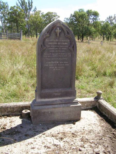 Joseph SELLARS,  | died 1 Feb 1892 aged 59 years;  | Eliza, wife,  | died 2 March 1926 aged 80 years;  | Sellars private burial ground, Rosevale, Boonah Shire  | 