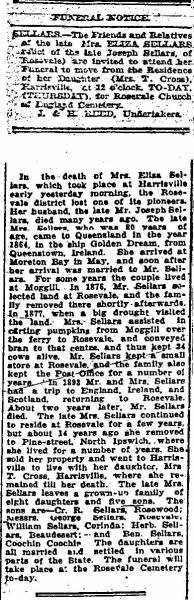 Eliza Sellars, relict of Joseph Sellars of Rosevale,  | daughter Mrs T Cross. sons Cr R Sellars, Rosewood, Mr George Sellars, Rosevale, William Sellars, Corinda, Herb Sellars, Beaudesert, Ben Sellars, Coochin Coochin)  | <a href= JerryVanclay/Obit-Eliza_Sellars.html >Extracts from Queensland Times 4 Mar-1926. </a>  | St Stephens Anglican Church at Rosevale.  | Research Contact : Jerry Vanclay jvanclay@scu.edu.au  |   | 