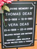 
Thomas DEAS,
16-3-1908 - 13-9-1981;
Vera DEAS,
21-4-1909 -22-4-2002;
father & mother of Heather, Lorna, Malcolm,
Helen, Walter, Vera & Thomas;
Rosewood Uniting Church Columbarium wall, Ipswich
