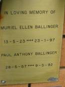 
Muriel Ellen BALLINGER,
13-5-23 - 23-1-97;
Paul Anthony BALLINGER,
28-5-57 - 9-5-92;
Rosewood Uniting Church Columbarium wall, Ipswich
