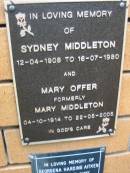 
Sydney MIDDLETON,
12-04-1908 - 16-07-1980;
Mary OFFER (formerly Mary MIDDLETON),
04-10-1914 - 22-05-2005;
Rosewood Uniting Church Columbarium wall, Ipswich
