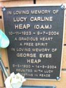 
Lucy Carline HEAP,
10-11-1923 - 9-7-2004;
George Eves HEAP,
9-3-1920 - 14-9-2004;
Rosewood Uniting Church Columbarium wall, Ipswich
