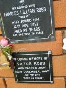 
Victor ROBB,
died 22 Dec 1997 aged 82 years;
Rosewood Uniting Church Columbarium wall, Ipswich
