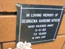 
Georgena Harding AITKEN,
died 5-11-82 aged 72 years;
Rosewood Uniting Church Columbarium wall, Ipswich
