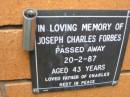 
Joseph Charles FORBES,
died 20-2-87 aged 43 years,
father of Charles;
Rosewood Uniting Church Columbarium wall, Ipswich
