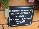 
Alick Sydney WINMILL,
19-11-1913 - 5-12-2002 aged 89 years;
Rosewood Uniting Church Columbarium wall, Ipswich
