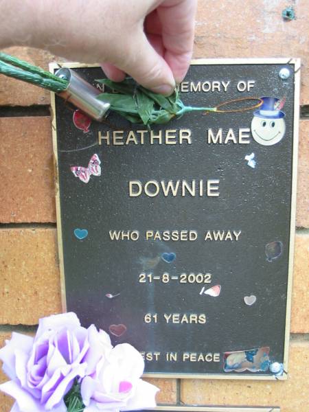 Heather Mae DOWNIE,  | died 21-8-2002 aged 61 years;  | Rosewood Uniting Church Columbarium wall, Ipswich  | 