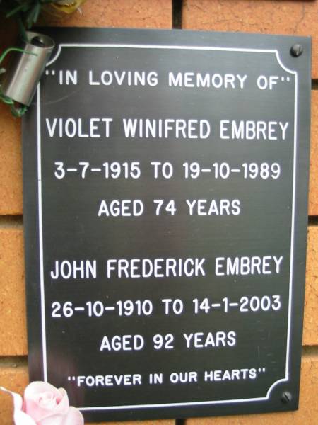 Violet Winifred EMBREY,  | 3-7-1915 - 19-10-1989 aged 74 years;  | John Frederick EMBREY,  | 26-10-1910 - 14-1-2003 aged 92 years;  | Rosewood Uniting Church Columbarium wall, Ipswich  | 