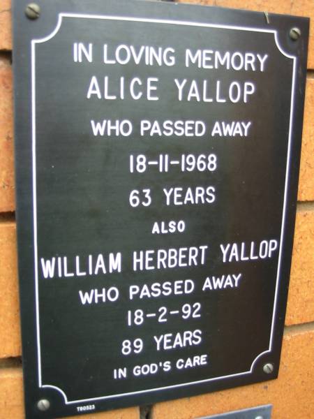 Alice YALLOP,  | died 18-11-1968 aged 63 years;  | William Herbert YALLOP,  | died 18-2-92 aged 89 years;  | Rosewood Uniting Church Columbarium wall, Ipswich  | 