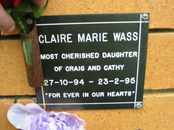 Claire Marie WASS,  | daughter of Craig & Cathy,  | 27-10-94 - 23-2-95;  | Rosewood Uniting Church Columbarium wall, Ipswich  | 