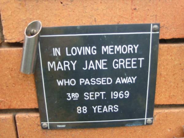 Mary Jane GREET,  | died 3 Sept 1969 aged 88 years;  | Rosewood Uniting Church Columbarium wall, Ipswich  | 
