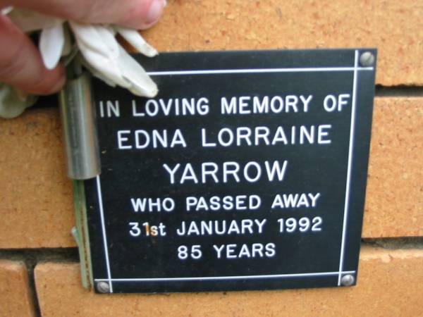 Edna Lorraine YARROW,  | died 31 Jan 1992 aged 85 years;  | Rosewood Uniting Church Columbarium wall, Ipswich  | 