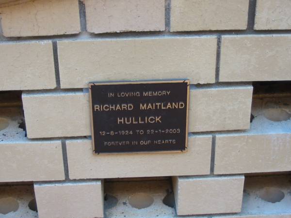 Richard Maitland HULLICK  | 12-8-1924 to 22-1-2003  |   | Sacred Heart Catholic columbarium, Sandgate, Brisbane  |   | 