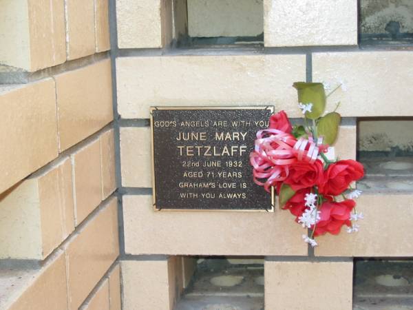 June Mary TETZLAFF  | 22 Jun 1932  | aged 71  |   | Sacred Heart Catholic columbarium, Sandgate, Brisbane  |   | 