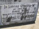 
Mary Ann,
wife of Richard Reynolds WINN,
died 21 Oct 1919 aged 64 years;
Richard Reynolds WINN,
died 12 Sep 1927 aged 74 years;
Mary Ann FRISCH,
daughter,
died 22 Nov 1928 aged 46 years;
Richard Reynolds WINN,
father,
died 19 Oct 1950 aged 71 years;
Annie WINN,
wife mother,
died 16 July 1955 aged 62 years;
Richard Reynolds WINN III,
21-2-1912 - 14-05-1999 aged 86 years,
remembered by wife, children, grandchildren;
Samsonvale Cemetery, Pine Rivers Shire
