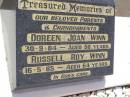 parents grandparents; Doreen Joan WINN, died 30-9-84 aged 58 years; Russell Roy WINN, died 16-5-85 aged 64 years; Samsonvale Cemetery, Pine Rivers Shire 