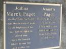 
Joshua Marek PAGET,
4-11-86 - 6-2-95;
Jennifer PAGET,
mother,
18-2-61 - 27-10-01;
Samsonvale Cemetery, Pine Rivers Shire
