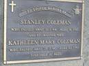 Stanley COLEMAN, died 31-1-94 aged 81 years; Kathleen Mary COLEMAN, wife, died 25-3-96 aged 82 years; Samsonvale Cemetery, Pine Rivers Shire 