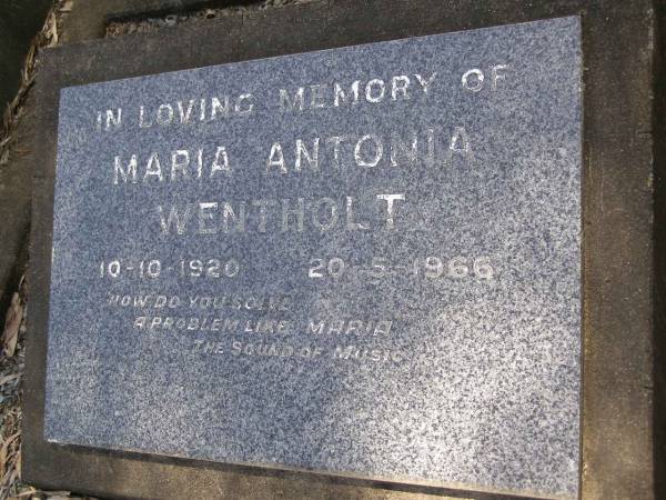 Maria Antonia WENTHOLT,  | 10-10-1920 - 20-5-1966;  | Piet Hein WENTHOLT,  | 19-5-1951 - 25-9-1988;  | Samsonvale Cemetery, Pine Rivers Shire  | 