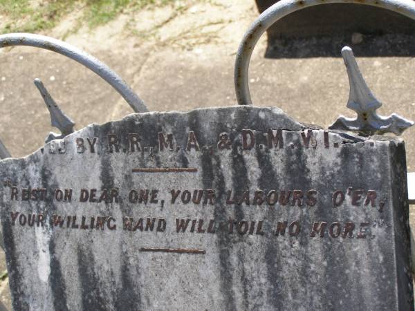 erected by R.R., M.A., & D.M. WINN;  | Samsonvale Cemetery, Pine Rivers Shire  | 