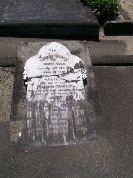 Henry GOLD,  | died 14 Oct 1920 aged 75 years;  | Arthur,  | son,  | died in infancy;  | William Charles,  | son,  | died 14 June 1930 aged 50 years;  | Janet,  | wife,  | died 22 May 1936 aged 78 years;  | Georgina,  | daughter,  | died 3-7-53 aged 65 years;  | Mary,  | died 12-7-55 aged 72 years;  | Caroline,  | died 9-12-57 aged 72 years;  | Samsonvale Cemetery, Pine Rivers Shire  | 