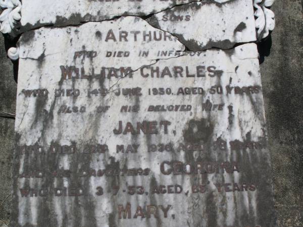 Henry GOLD,  | died 14 Oct 1920 aged 75 years;  | Arthur,  | son,  | died in infancy;  | William Charles,  | son,  | died 14 June 1930 aged 50 years;  | Janet,  | wife,  | died 22 May 1936 aged 78 years;  | Georgina,  | daughter,  | died 3-7-53 aged 65 years;  | Mary,  | died 12-7-55 aged 72 years;  | Caroline,  | died 9-12-57 aged 72 years;  | Samsonvale Cemetery, Pine Rivers Shire  | 