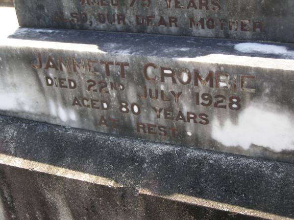 Joseph CROMBIE,  | father,  | died 19 Dec 1923 aged 75 years;  | Jannett CROMBIE,  | died 22 July 1928 aged 80 years;  | Kathleen Sybil MARTIN,  | neice of J. & J. CROMBIE, Mt Samson,  | died 24 June 1917 aged 19 years;  | Samsonvale Cemetery, Pine Rivers Shire  | 