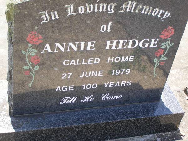 William HEDGE,  | husband father,  | died 5 May 1959 aged 87 years;  | Annie HEDGE,  | died 27 June 1979 aged 100 years;  | Samsonvale Cemetery, Pine Rivers Shire  | 