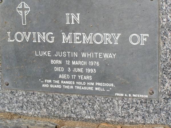 Luke Justin WHITEWAY,  | born 12 March 1976  | died 3 June 1993 aged 17 years;  | Samsonvale Cemetery, Pine Rivers Shire  | 