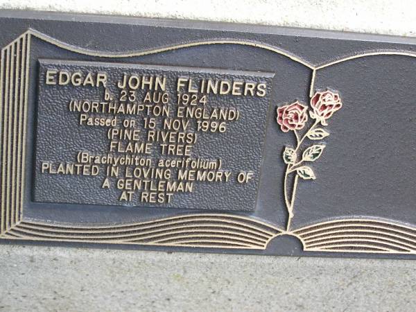 Edgar John FLINDERS,  | born 23 Aug 1924 Northampton England,  | died 15 Nov 1996 Pine Rivers;  | Samsonvale Cemetery, Pine Rivers Shire  | 