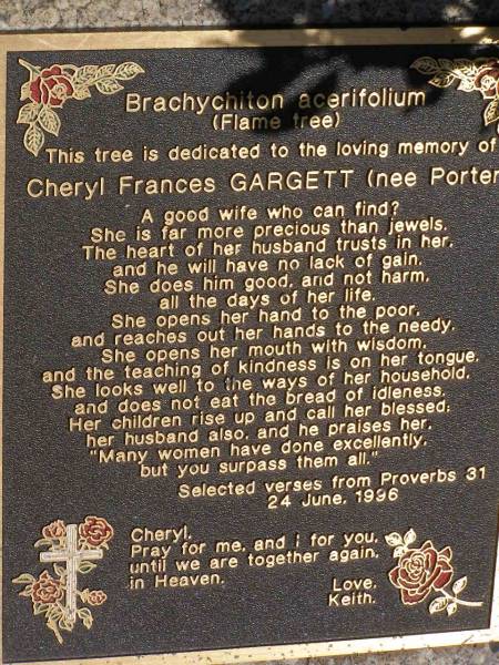 Cheryl Frances GARGETT (nee PORTER),  | wife of Keith;  | Samsonvale Cemetery, Pine Rivers Shire  | 