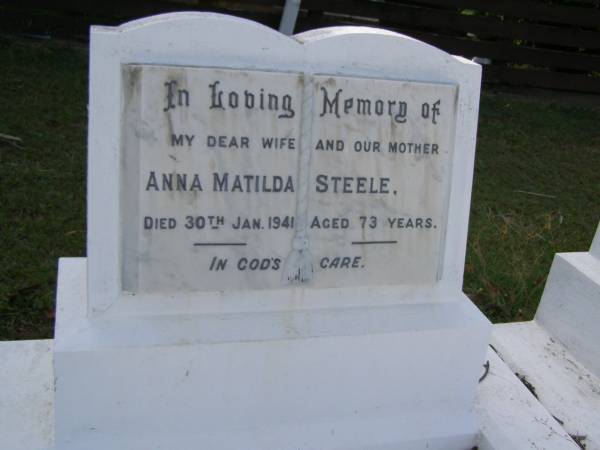 Anna Matilda STEELE,  | wife mother,  | died 30 Jan 1941 aged 73 years;  | Bald Hills (Sandgate) cemetery, Brisbane  | 