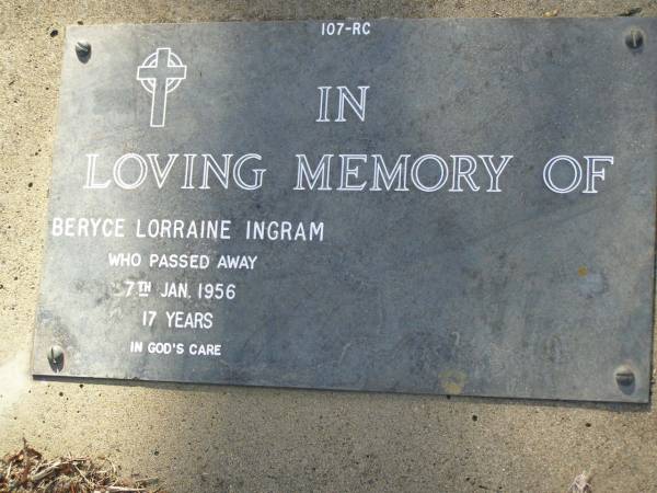 Beryce Lorraine INGRAM,  | died 7 Jan 1956 aged 17 years;  | Bald Hills (Sandgate) cemetery, Brisbane  | 