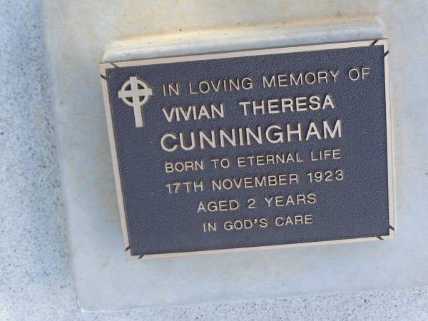 Vivian Theresa CUNNINGHAM,  | died 17 Nov 1923 aged 2 years;  | Bald Hills (Sandgate) cemetery, Brisbane  | 