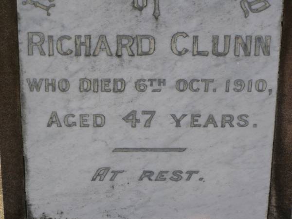 Richard CLUNN,  | died 6 Oct 1910 aged 47 years;  | Bald Hills (Sandgate) cemetery, Brisbane  | 