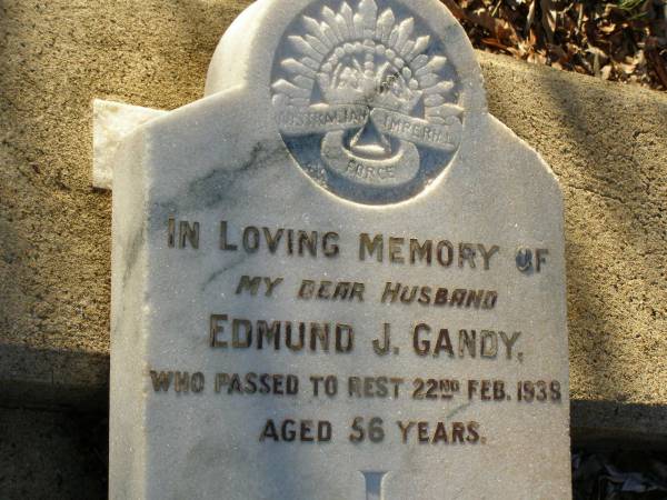 Edmund J. GANDY,  | husband,  | died 22 Feb 1938 aged 56 years;  | Bald Hills (Sandgate) cemetery, Brisbane  | 
