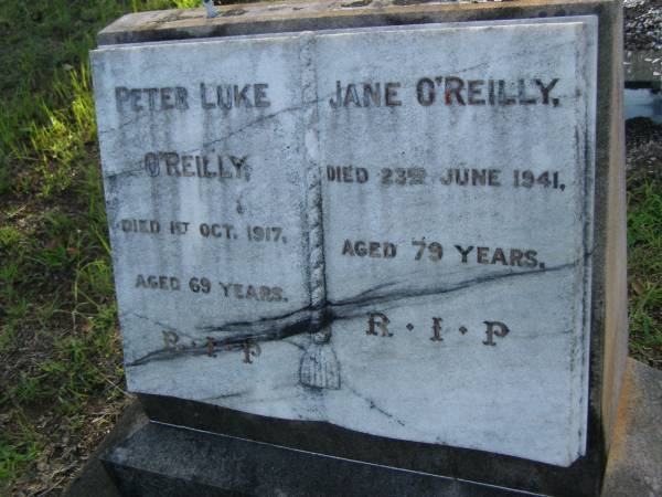 Peter Luke O'REILLY,  | died 1 Oct 1917 aged 69 years;  | Jane O'REILLY,  | died 23 June 1941 aged 79 years;  | Bald Hills (Sandgate) cemetery, Brisbane  | 