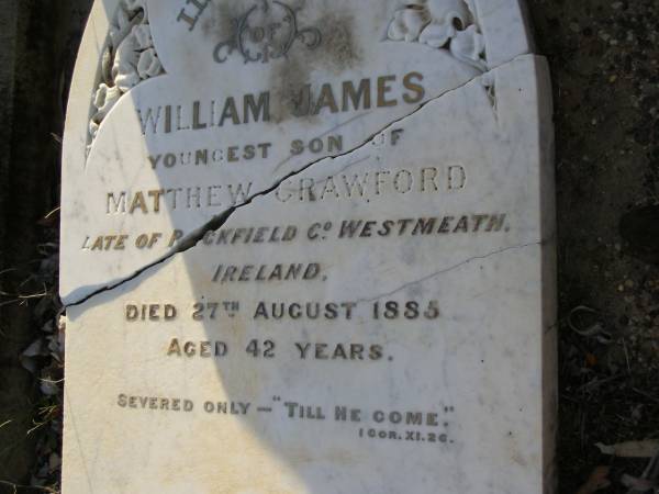 William James,  | youngest son of Matthew CRAWFORD,  | late of P?kfield Co Westmeath Ireland,  | died 27 Aug 1885 aged 42 years;  | Bald Hills (Sandgate) cemetery, Brisbane  | 