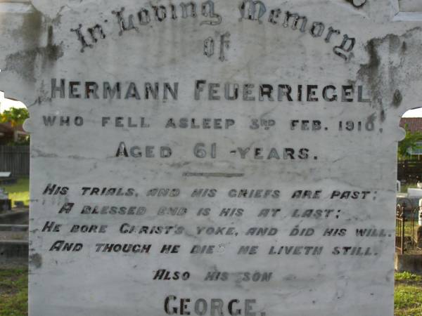 Hermann FEUERRIEGEL,  | died 3 Feb 1910 aged 61 years;  | George,  | son,  | killed in action France 12 Oct 1917 aged 33 years;  | Anna Bertha,  | wife of F.W.H. FEUERRIEGEL,  | born Nundah 29 May 1860,  | died 27 Nov 1932;  | Adolph FEUERRIEGEL,  | born 11 Jan 1822,  | died 16 March 1894;  | Charlotte FEUERRIEGEL,  | born 4 Oct 1823,  | died 24 Oct 1899;  | Bald Hills (Sandgate) cemetery, Brisbane  | 