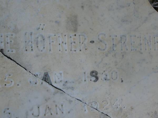 Emilie Caroline Hofner STREINER,  | born 25 Jan 1850,  | died 5 Jan 1924;  | Bald Hills (Sandgate) cemetery, Brisbane  | 